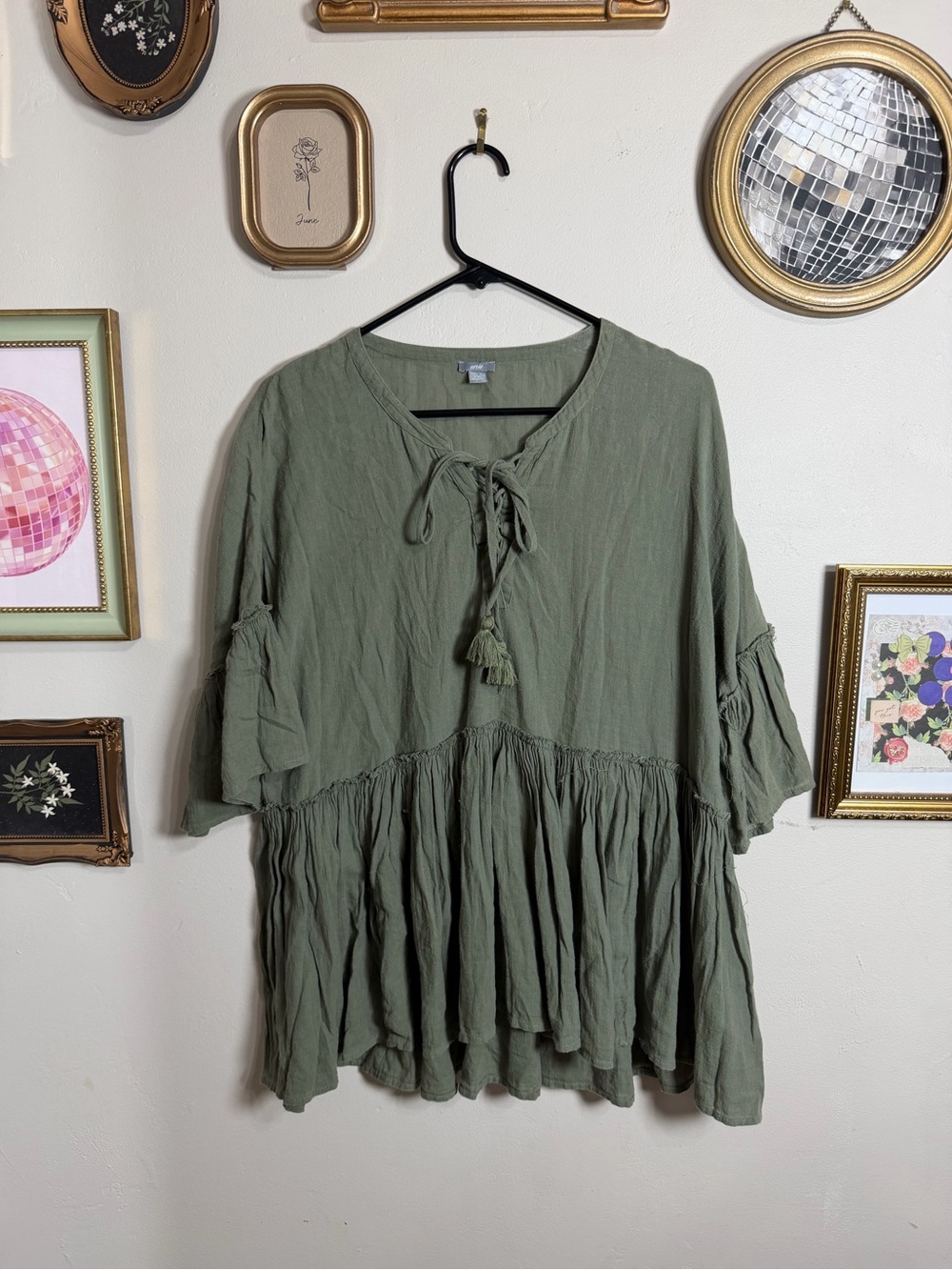 aerie Olive Green Tie-Front Tiered Boho Tunic